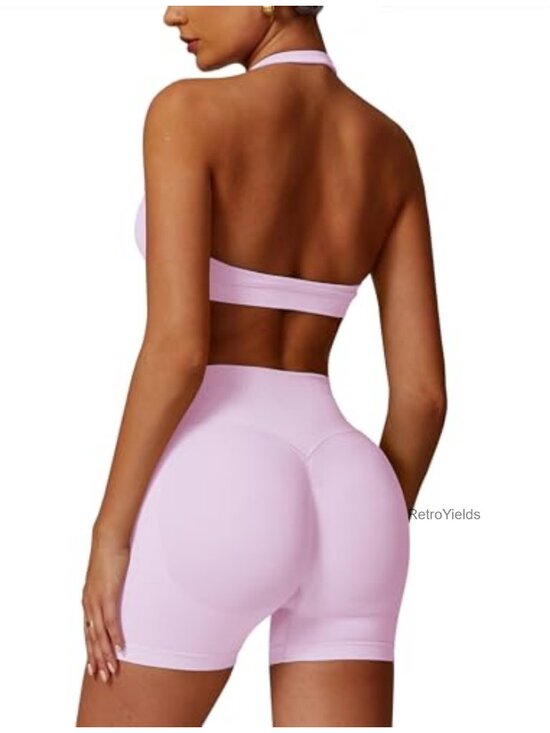 Tops - Seamless 2-Piece Workout Set Halter Sports Bra Scrunch Biker Shorts Yoga Gym